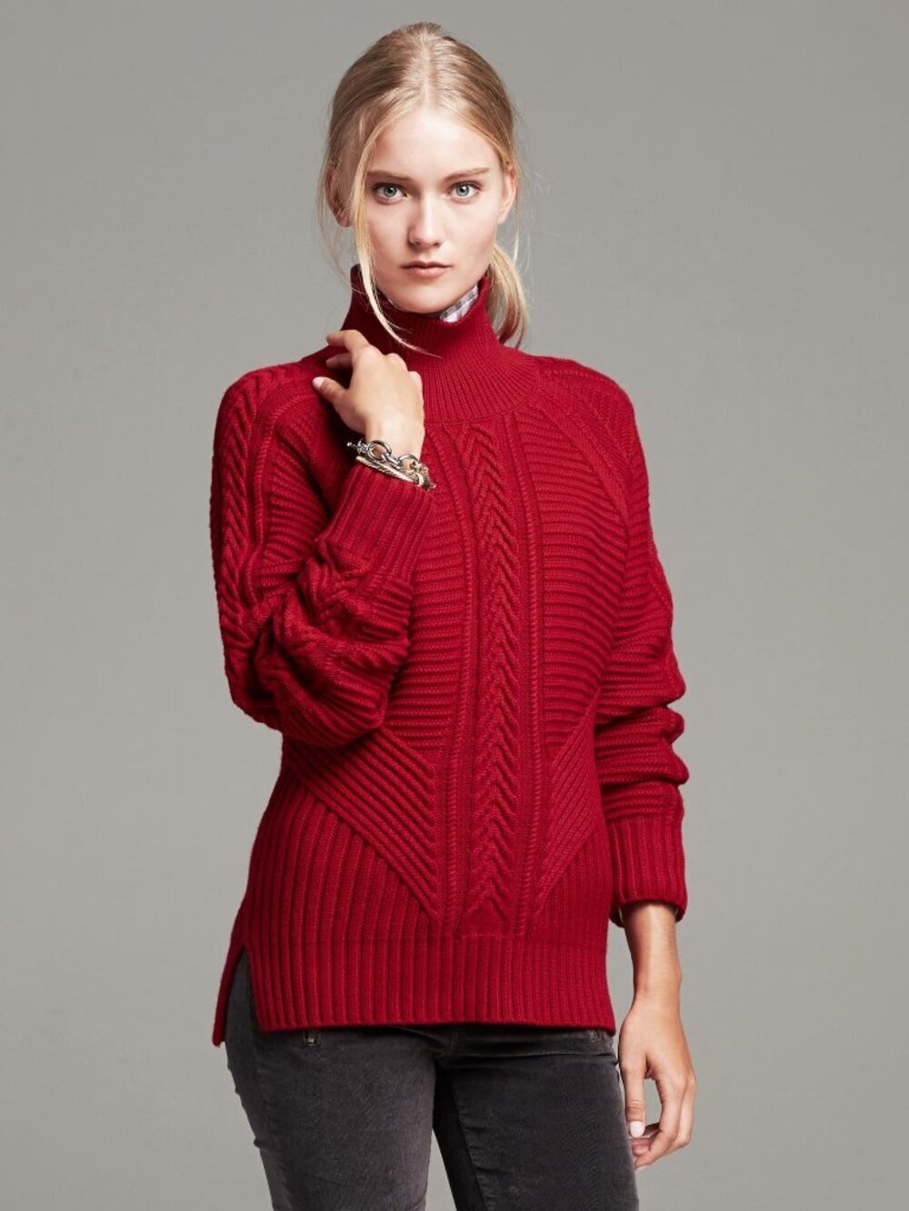 2/$30 Banana Republic Mixed Cable Knit Pullover Mock Sweater Crimson Red #A2420